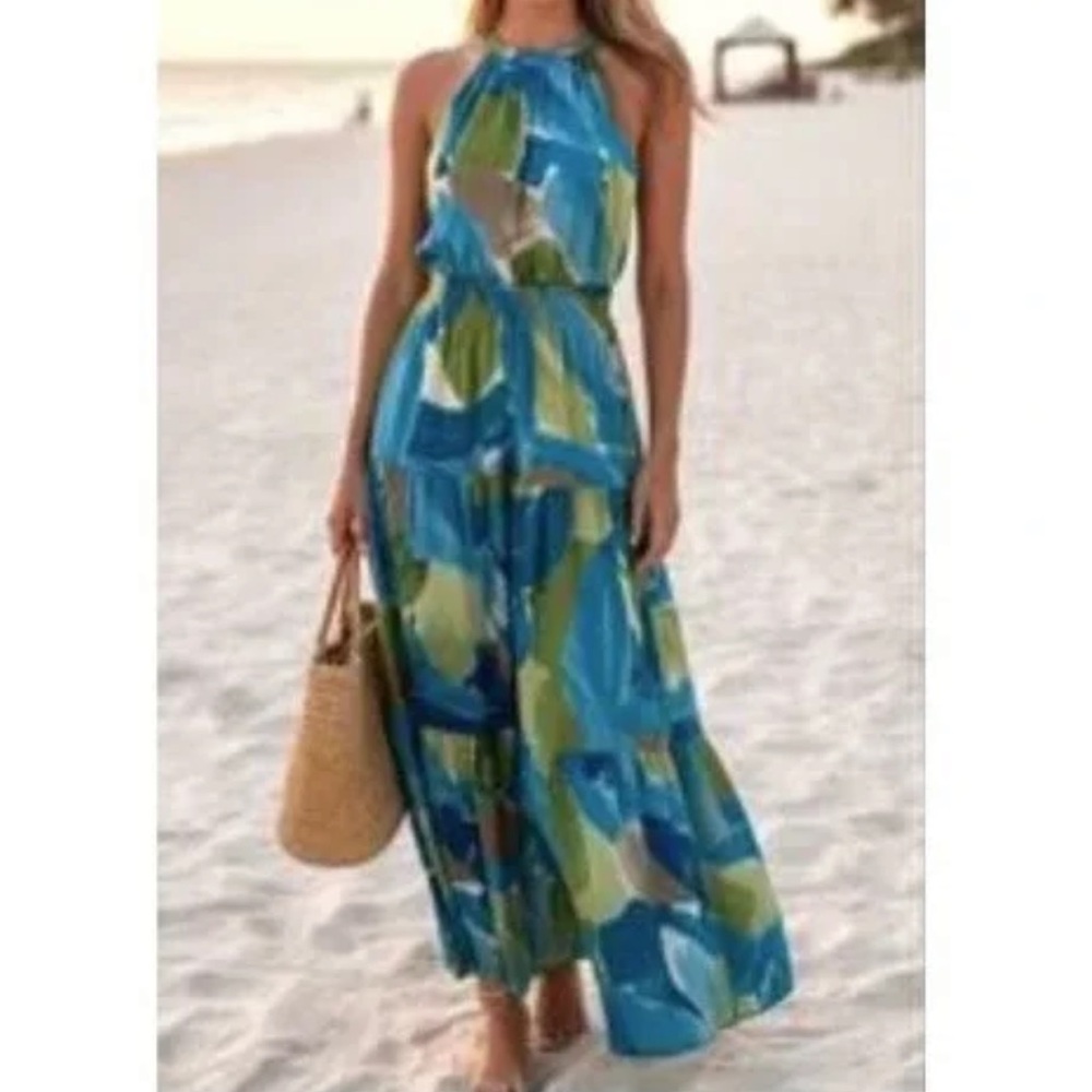 Nicole Miller Size Large Blue and Green Halter Neck Maxi Dress NWT - Picture 3 of 10